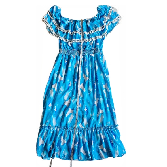 Red Dress Boutique Palms Away Blue Patterned Off-Shoulder Ruffle Midi Dress - Picture 7 of 14